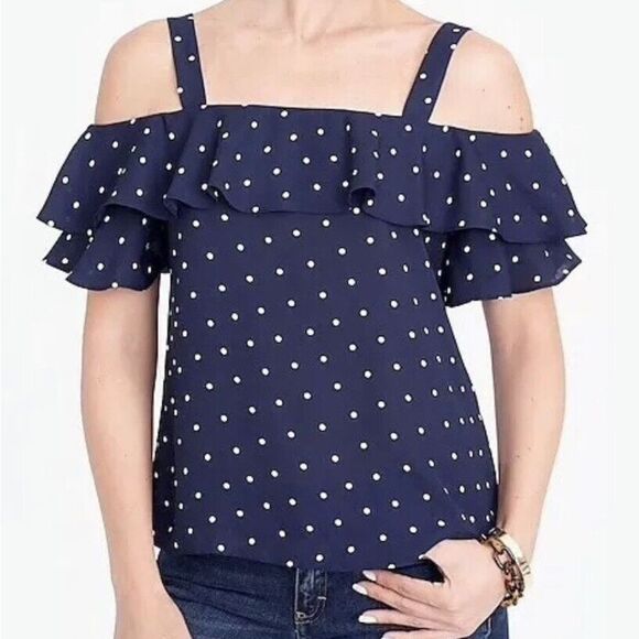 J. Crew Navy/White Polka Dot Ruffled Short Sleeve Cold Shoulder - Picture 3 of 14